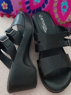 Patrizia-Black-Sz 10-Wedge Slide Sandals with Dual Buckles Chic Comfort